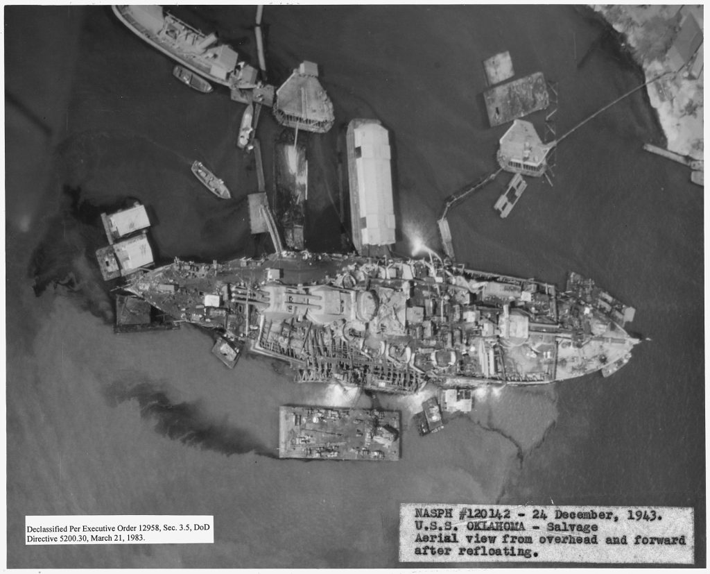 Aerial view of the Oklahoma after being refloated.